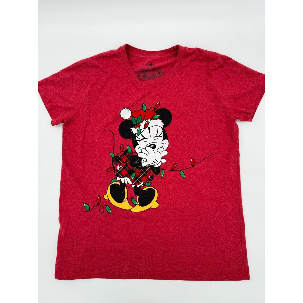 Disney Minnie Mouse Christmas Lights Plaid Dress Red Heather Graphic T-Shirt L